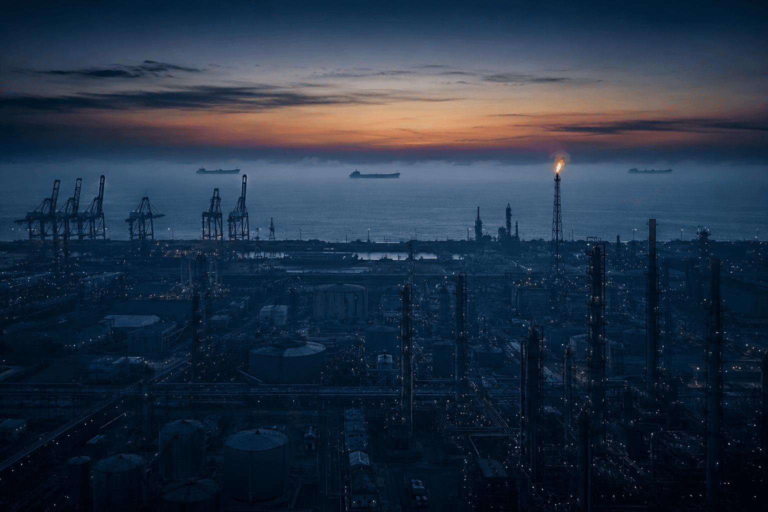 Persian-Gulf-style oil-and-gas terminal at dusk, cargo cranes and distillation towers silhouetted against an indigo-to-amber sky.