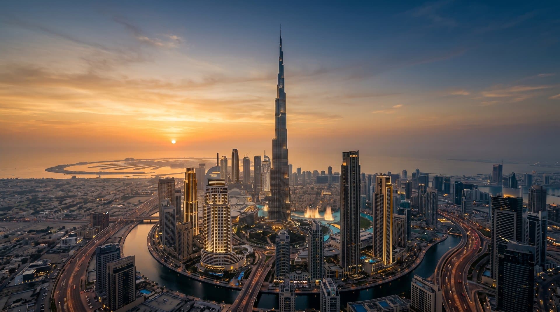 The Dubai skyline at golden dusk, the Burj Khalifa and downtown towers.